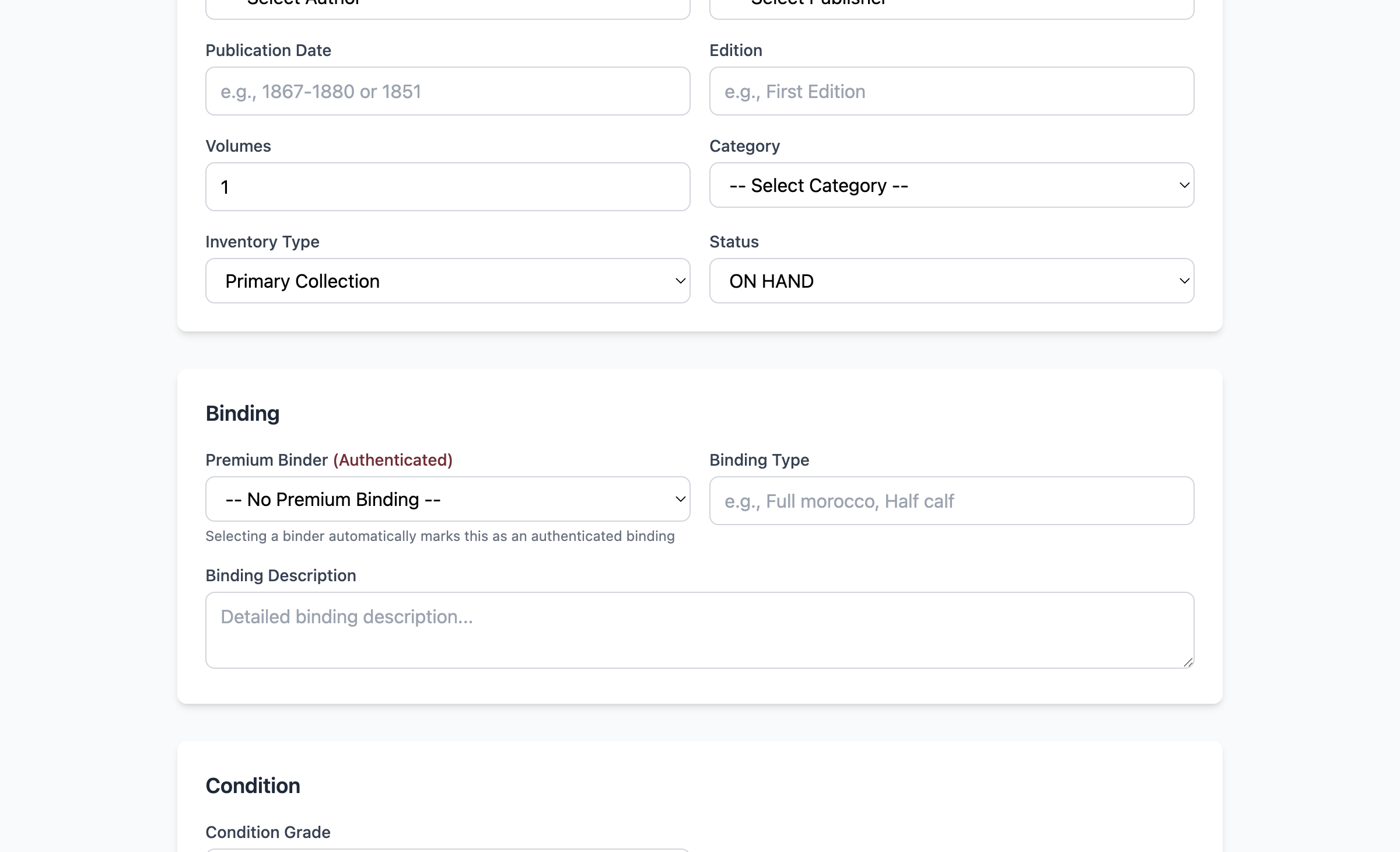 Add Book Form - Binding Section
